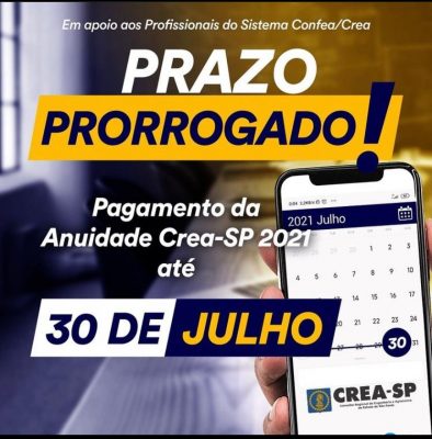 Anuidade CREA 2021: pagamento prorrogado até 30 de julho